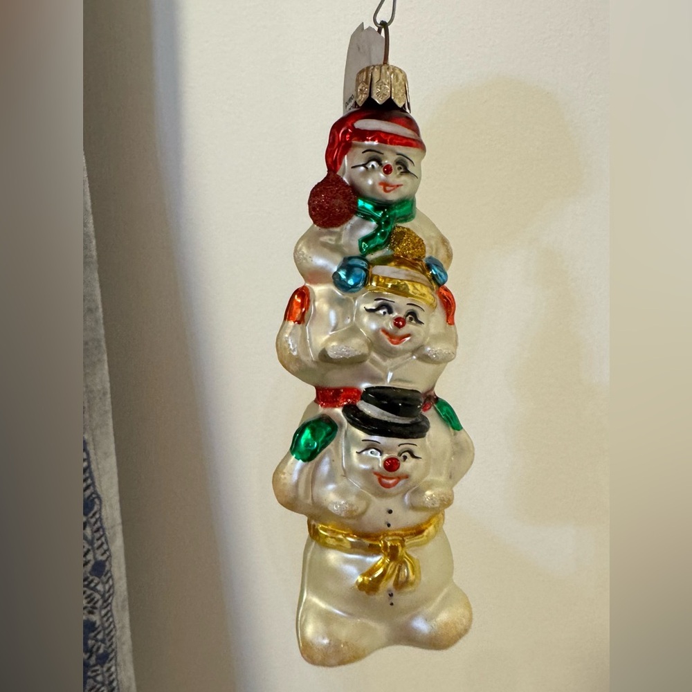 Snowmen Stack Totem Pole Blown Glass Christmas Ornament Family 5”